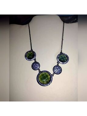 Vintage Crown Trifari Necklace Black And Blue 16" Pendant Charms Collar Necklace